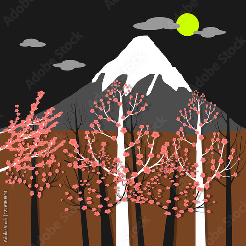 Fuji Mountain, Cherry Blossom And Moon 