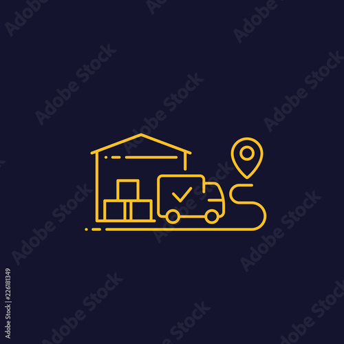 warehouse and van, delivery linear vector icon