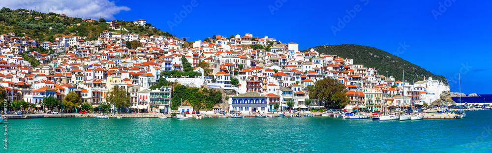 Beautiful greek islands- amazing Skopelos. view of town and port. Sporades, Greece