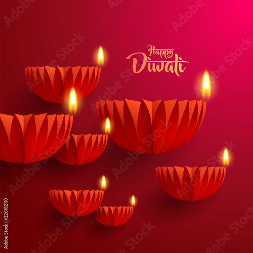 Happy Diwali. Paper graphic of Indian Diya oil lamp design. The Indian festival of lights.