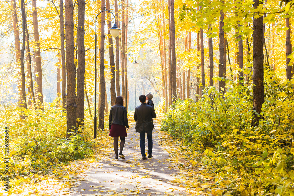 Fototapeta premium Fall, nature and family concept - family walking in autumn park, back view