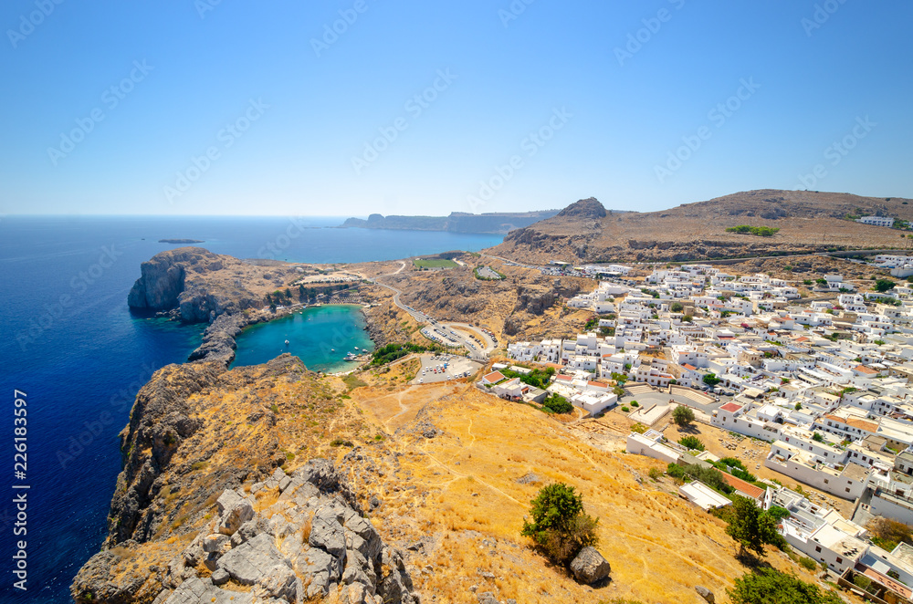 Fototapeta premium View on St Paul`s Bay in Lindos, Rhodes island, Dodecanese, Greece