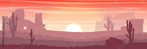 Desert. Silhouettes of cacti and rocks at sunset. Vector illustration.