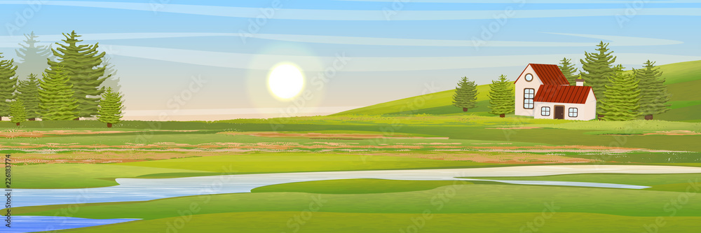 Village house on the meadow near the river. Spruce forest. Rural life. The nature of the temperate zone. Vector landscape