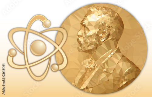 Nobel Physics award, gold polygonal medal and atomic structure symbol
