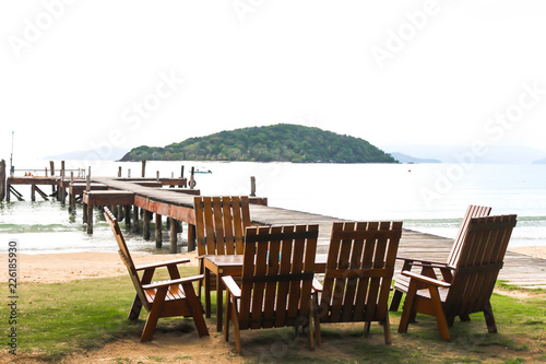 Wooden Pier and wooden chair at Koh Mak Island in Trat  Thailand
