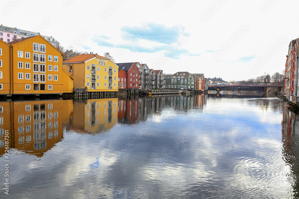 Trondheim town at Nidelven with old warehouses