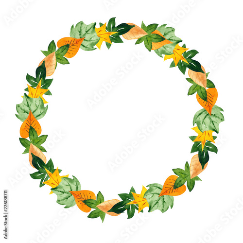 Watercolor wreath with autumn motives. Could be used for postcards  invitations  price tags  decoration purposes.