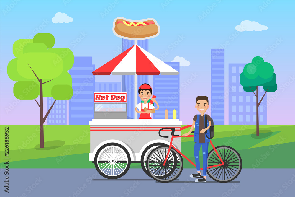 Hot Dog Seller and Customer Vector Illustration Hot Dog Seller and Customer Vector Illustration