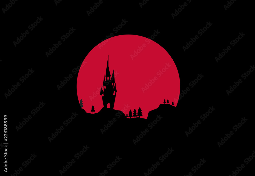 Night landscape with a castle on the background of the red moon