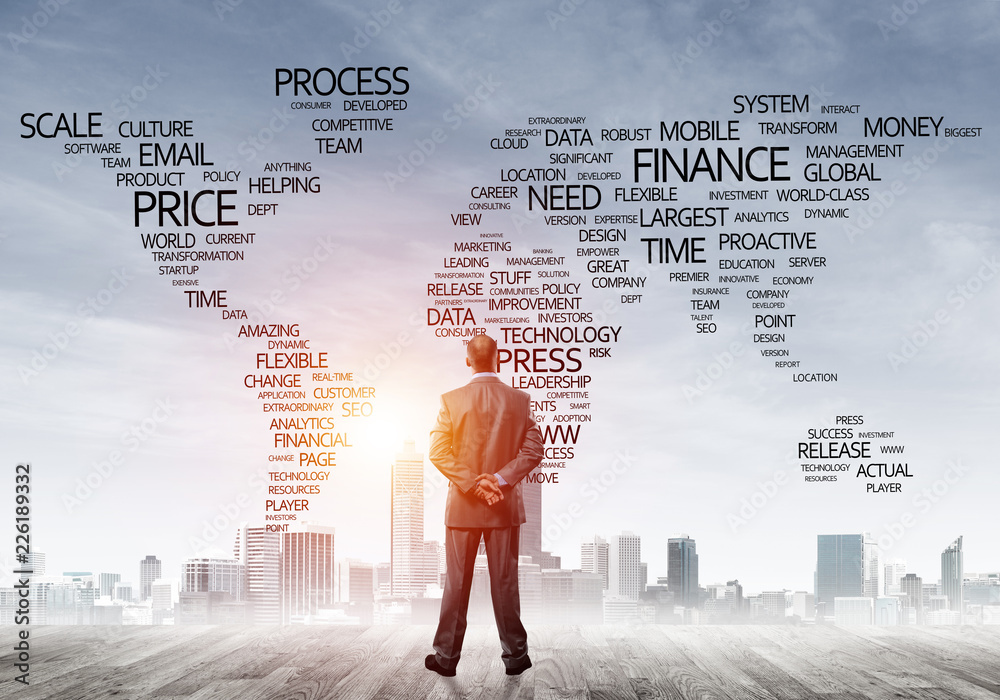 Motivation and inspiration concept with modern cityscape and businessman observing it Motivation and inspiration concept with modern cityscape and businessman observing it