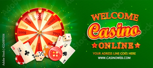 Welcome flyer for casino online with poker cards, playing dice, chips, fortune wheel and other gambling design elements. Invitation poster template on shiny background. Vector illustration.