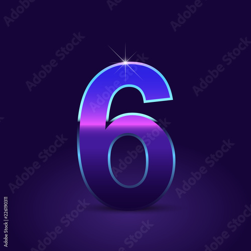 80's retro number 6 vector font isolated on dark violet background