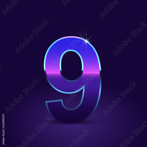 80's retro number 9 vector font isolated on dark violet background