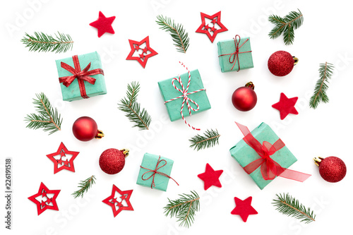 Christmas Arrangement With Small Christmas Gifts, Balls, Stars And Pine Twigs