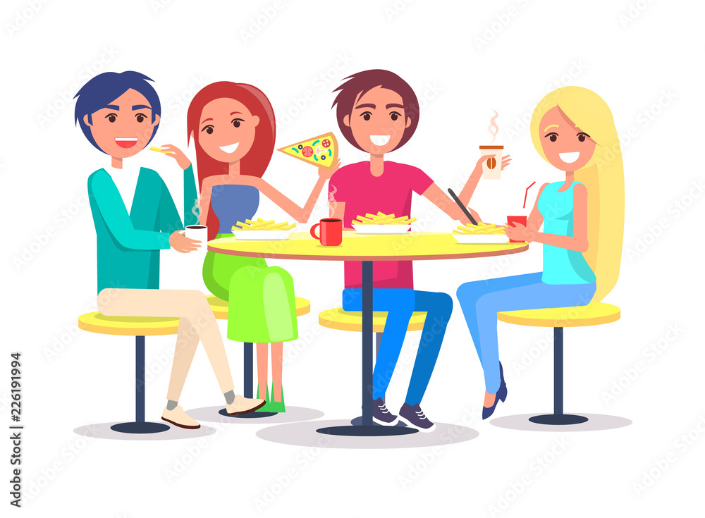 Happy Friends Sitting in Cafe Eating French Fries Happy Friends Sitting in Cafe Eating French Fries