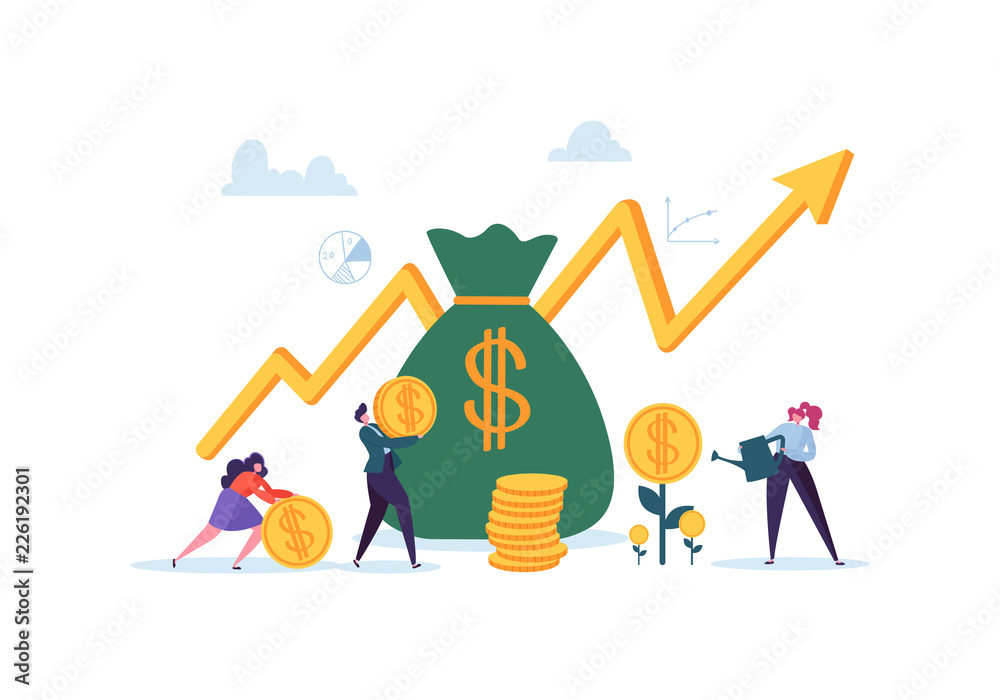 Naklejka premium Investment Financial Concept. Business People Increasing Capital and Profits. Wealth and Savings with Characters. Earnings Money. Vector illustration