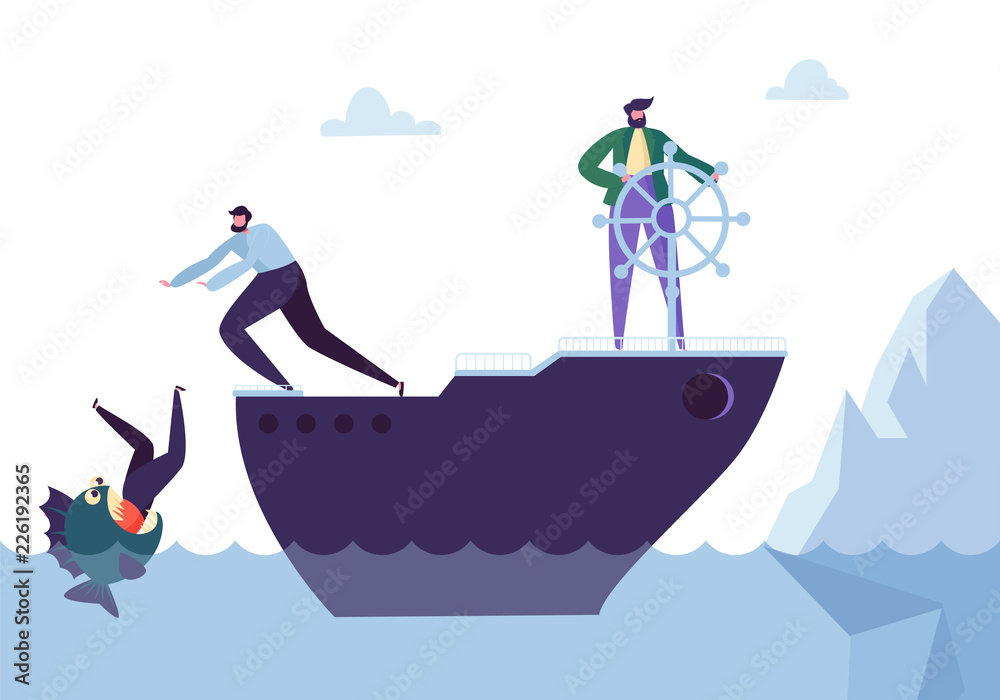 Business People Floating on the Ship in the Dangerous Water with Sharks. Leadership, Support, Crisis Manager Character, Teamworking Concept. Vector illustration