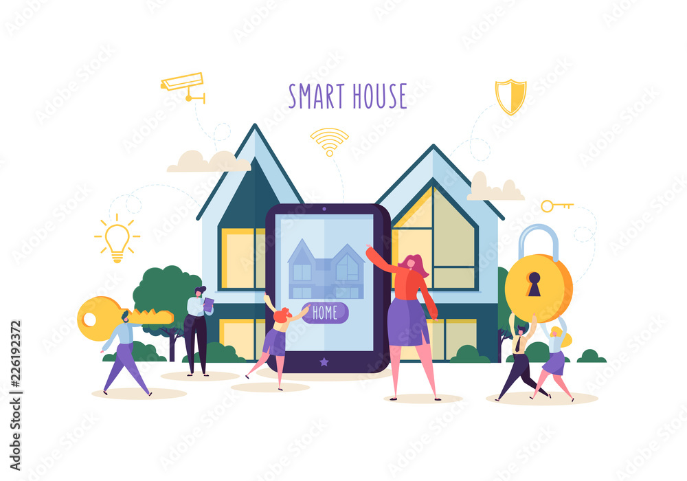 Smart House Technology Concept. People Characters Controlling Home Sequrity and Power Energy with Mobile Application on Tablet. Vector illustration