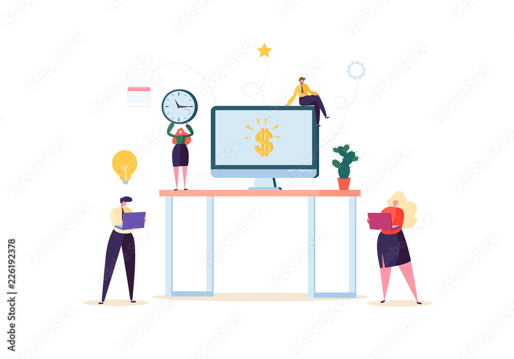 Flat People Characters Working in Office with Computer and Plants. Modern Workspace Workplace with Desk and Business People. Vector illustration Flat People Characters Working in Office with Computer and Plants. Modern Workspace Workplace with Desk and Business People. Vector illustration