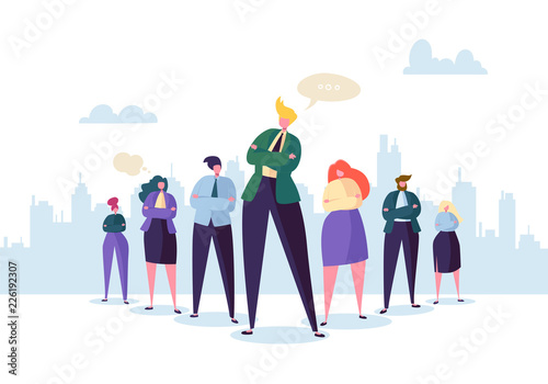 Group of Business People Characters with Leader. Teamwork and Leadership Concept. Successful Businessman Stand Out in Front of Flat People. Vector illustration photo