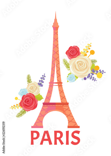 Paris Poster with Blooming Flower and Eiffel Tower