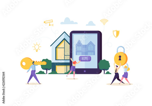 Smart House Technology Concept. People Characters Controlling Home Sequrity and Power Energy with Mobile Application on Tablet. Vector illustration