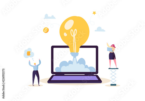 Startup Concept with Light Bulb and Happy Characters. Flat Business People Launching Rocket from Laptop. New Project Successful Start Up. Vector illustration