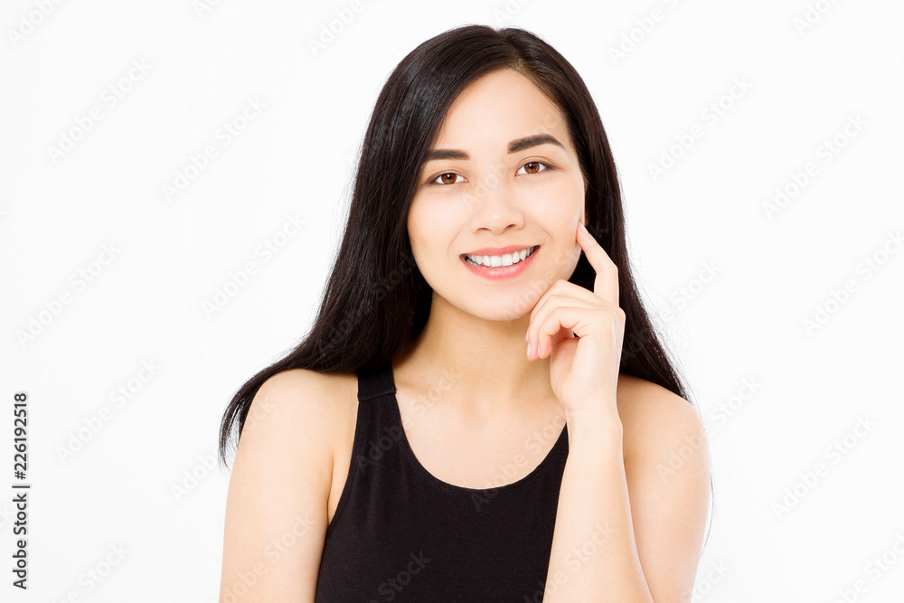 Perfect asian woman macro face and brunette clean healthy hair isolated on white background. Copy space. Skin care and makeup concept. Perfect asian woman macro face and brunette clean healthy hair isolated on white background. Copy space. Skin care and makeup concept.