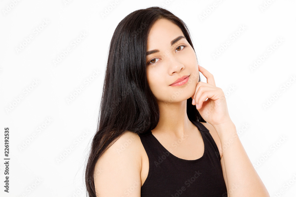Perfect asian woman macro face and brunette clean healthy hair isolated on white background. Copy space. Skin care and makeup concept. Perfect asian woman macro face and brunette clean healthy hair isolated on white background. Copy space. Skin care and makeup concept.