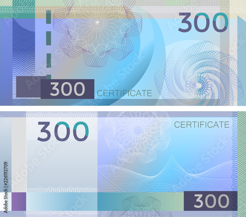 Voucher template banknote 300 with guilloche pattern watermarks and border. Blue background banknote, gift voucher, coupon, diploma, money design, currency, note, check, cheque, reward. certificate