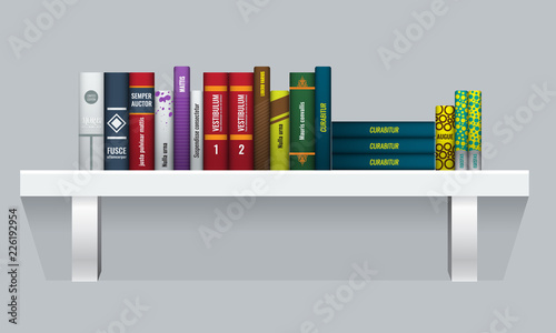 Vector Book shelf with realistic books stalks. Back side view.