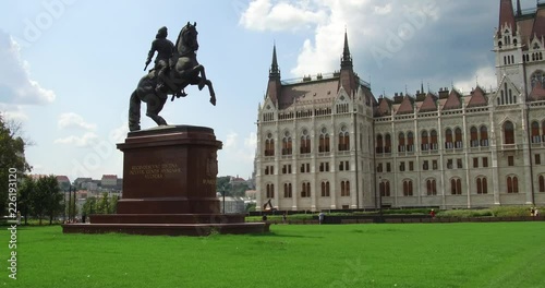 The horse statue of Ferenc Rakoczi at the Kossuth Square, in front of the Hungarian Parliament, Budapest, Hungary. photo