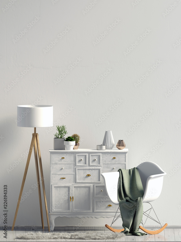Modern interior with dresser. Wall mock up. 3d illustration.
