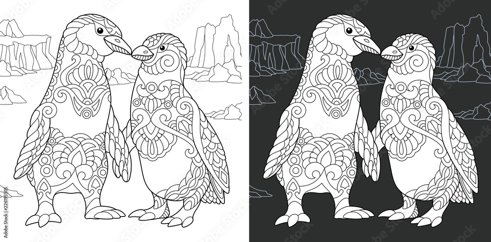 Naklejka premium Penguin couple in love. Coloring Page. Coloring Book.