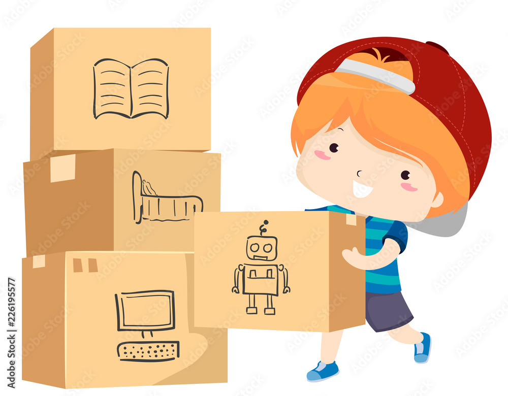 Kid Boy Moving Pack Things Illustration Kid Boy Moving Pack Things Illustration