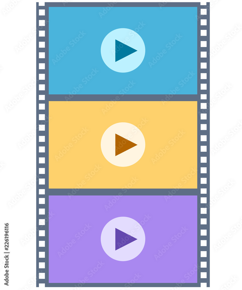 Digital colorful film strip with play icon. Concept design for online player or cinema. Flat vertical strip. Vector illustration isolated on white background Digital colorful film strip with play icon. Concept design for online player or cinema. Flat vertical strip. Vector illustration isolated on white background