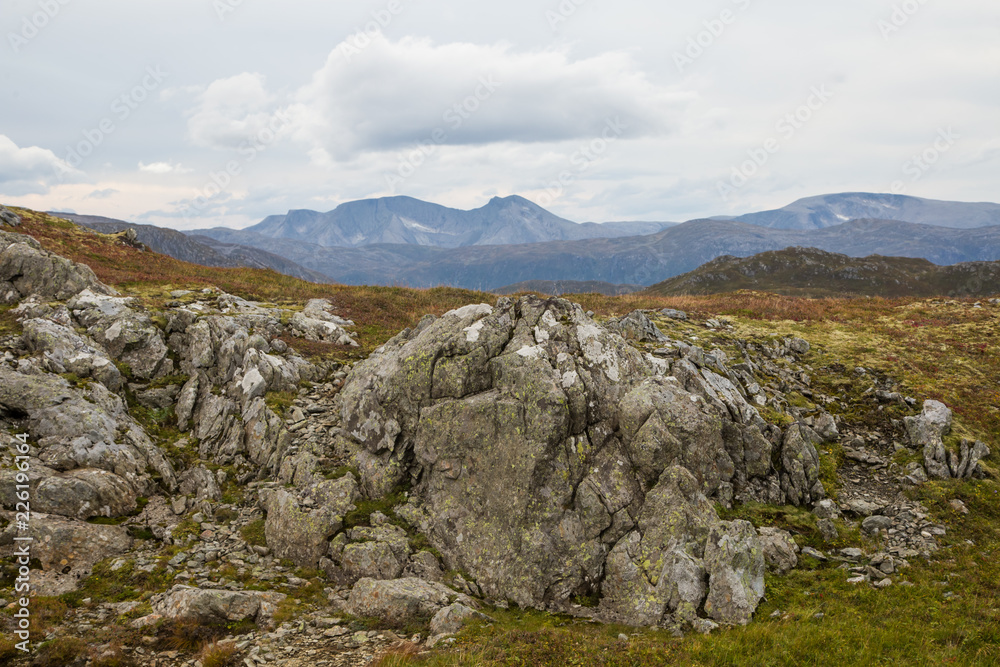 A beautiful rock formations in the mountains of Folgefonna national park in Norway. Autumn landscape with a rocks.
