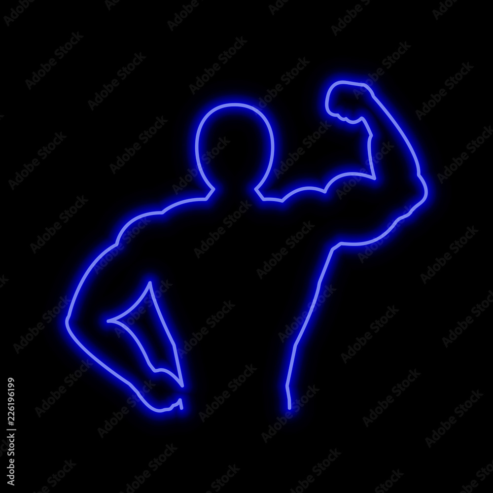 Muscle man neon sign. Bright glowing symbol on a black background. Muscle man neon sign. Bright glowing symbol on a black background.