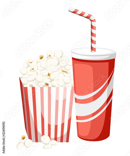 Popcorn in red and white cardboard box with cola in red paper cup. Flat vector illustration isolated on white background. Colored icon for cinema