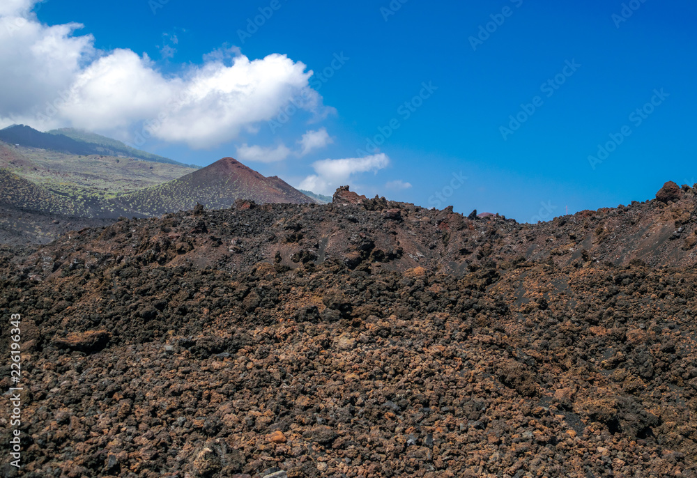 Fuencaliente volcanic landscape with blue sky and white clouds, Fuencaliente, La Palma,  Canary islands, Spain