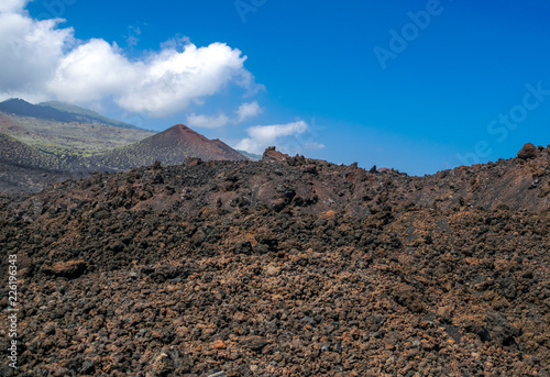 Fuencaliente volcanic landscape with blue sky and white clouds, Fuencaliente, La Palma, Canary islands, Spain