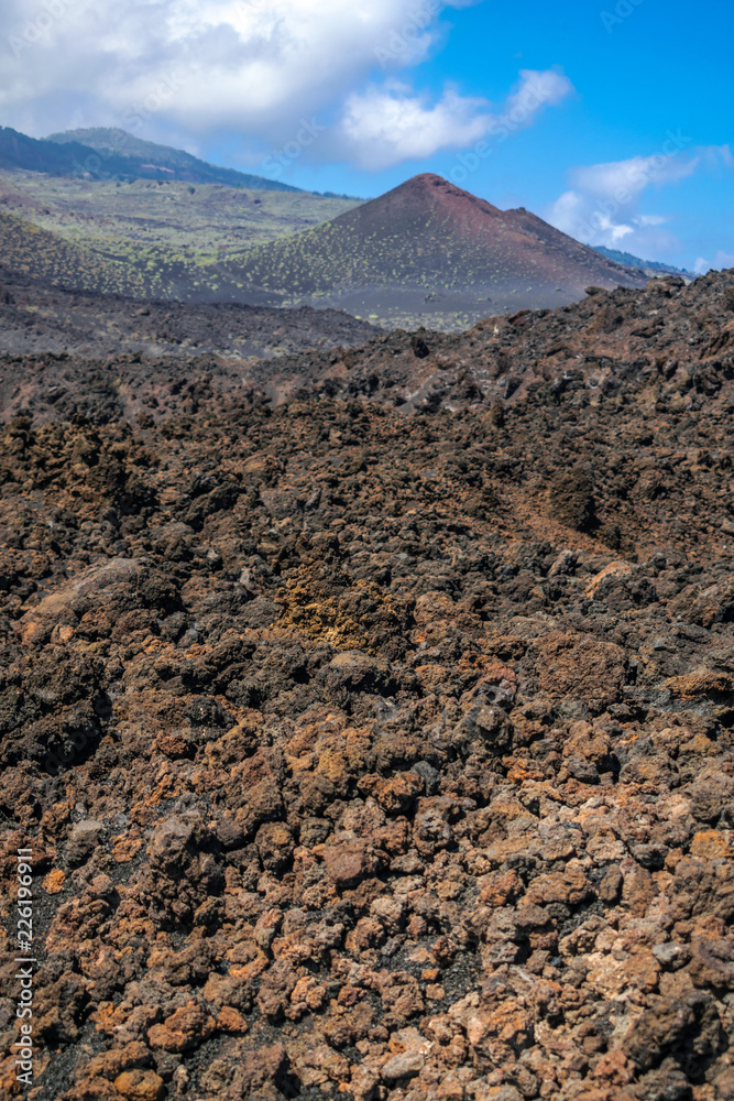 Fuencaliente volcanic landscape with blue sky and white clouds, Fuencaliente, La Palma,  Canary islands, Spain