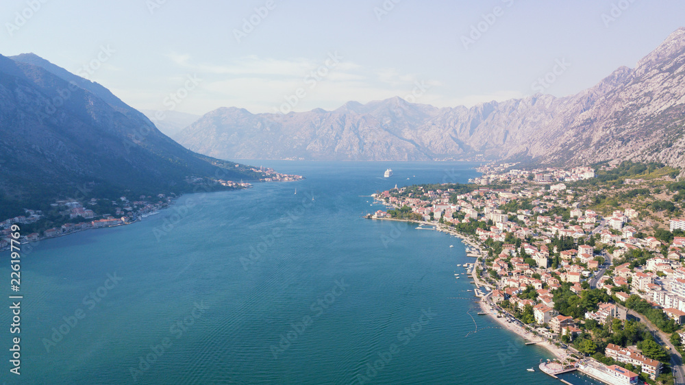 Top view of the old town and big ship in Kotor, Montenegro