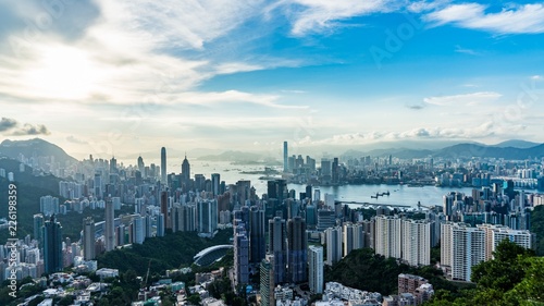Photography View of Victoria Harbour and skyscrapers from the panoramic point The Victoria Peak, Hong Kong