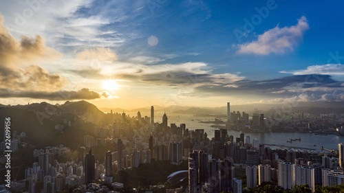 Sunset over Victoria Harbor, Victoria Peak, Hong Kong.