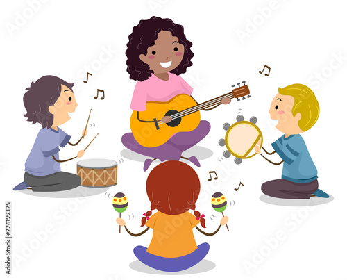 Stickman Kids Teacher Play Music Circle