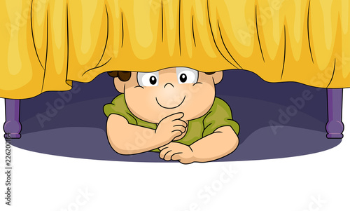 Kid Toddler Boy Hiding Under Bed Illustration