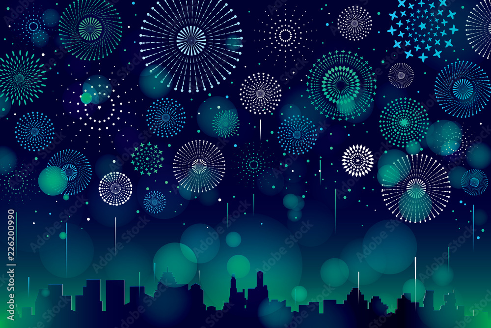 Fototapeta Vector illustration of a festive fireworks display with bokeh over the city background design.