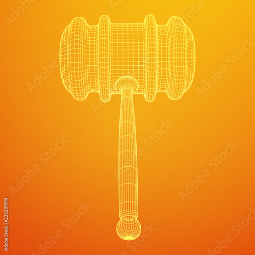 Gavel, hammer of judge or auctioneer. Wireframe low poly mesh vector illustration